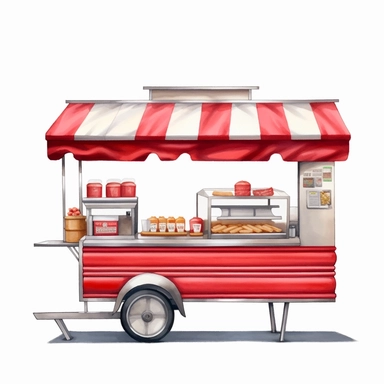 hyper-realistic high-detailed watercolor clipart of a mobile hot dog stand on a white background. The stand should have a sleek and compact design, reminiscent of the iconic New York street style. Depict a streamlined cart with a simple color palette, such as silver or gray, with pops of red accents. Ensure the clipart includes essential elements such as the serving window, grill, condiment area, and a small seating counter if desired. Emphasize the presence of the grill, showing it as a promine