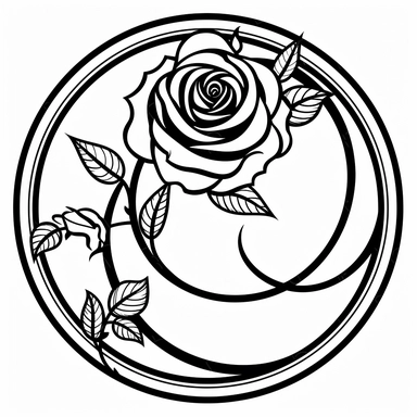 Left aligned, bottom aligned, quarter of a circle, art nouveau style, black lines, detailed, flat design, flat, rose flower, white background, Black and white only, simple design, clipart style,