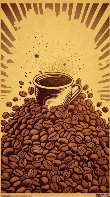 clip art of coffee beans dissolving into the sun, in the style of a retro poster