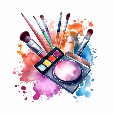 Beauty cosmetic watercolor clipart on a white background, showcasing an array of makeup items such as lipstick, eyeshadow palette, mascara, and makeup brushes, depicted in a gentle watercolor style with vibrant colors and soft edges