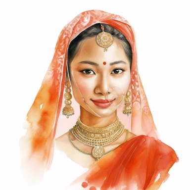 Watercolour of a asian bride , Clipart,Cartoon,hyper realistic, intricate detail, illustration style,high resolution, isolated on a white background