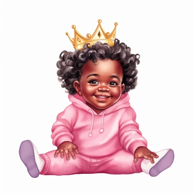 a black baby girl with gold crown, dressed in hot pink, pink sneakers, smiling, sitting down, cartoon, watercolor clipart
