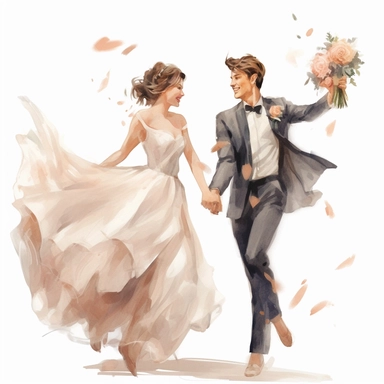 watercolor, drawing, illustration of the bride and groom, full length, bride short hair, laughing, wedding dance, holding a bouquet, flowers, clipart, high resolution format, photorealistic, 3D, 4K