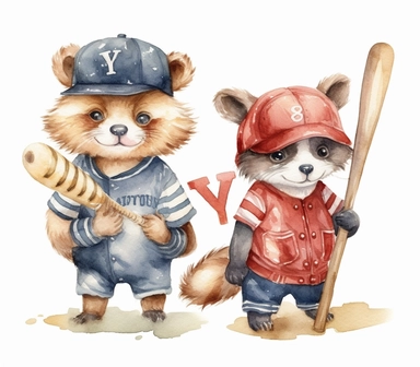create watercolor clipart of letter y , cute animal in baseball costumes with baseball, incredibly high detail, 16k, gorgeous, white background
