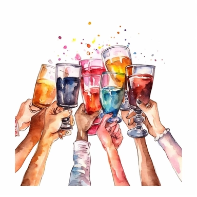 watercolor, Friends hands holding glasses and mugs with champagne, wine, beer, cocktail and tea, and cheers or drinking toast to friendship. png Full body realistic cartoon in 32K UHD cute. 15 cm thick outline. Black color. There was no shadow on the ground. 8k with realistic watercolors and detailed illustrations. PNG clipart, transparent white background