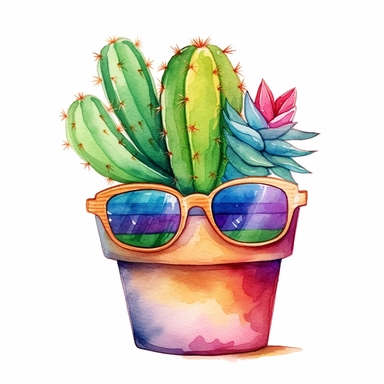 Watercolor Cute Cactus in a small pot with a pride flag attached to it and sunglasses Clipart, white background