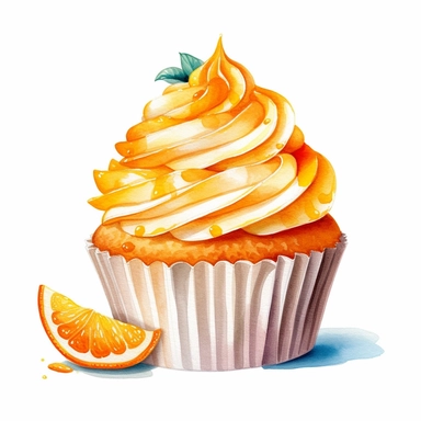 on white background cute and vibrant clipart featuring orange cupcake in watercolor style, hyper realistic photo flat color