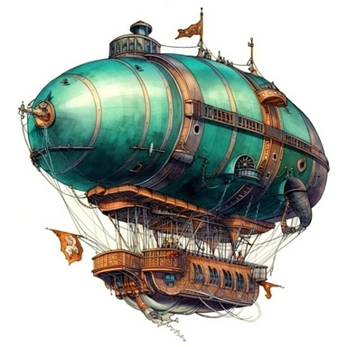 Steampunk airship image, dirigible-style, steampunk, intense colors, luxurious, victorian, clipart, watercolour, dark teal watercolor, white background, detailed,