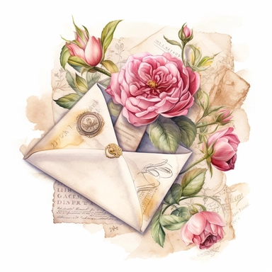 watercolor, hyper realistic, white background, white margins, 16k, ultra detailed clipart, cut out image, hand-drawn, whimsical a sealed envelope with a wax seal, adorned with delicate floral patterns, representing the timeless art of expressing love through handwritten letters. Romantic Vintage - Soft Pink and Ivory