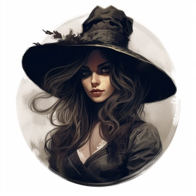 a witch wearing a witch hat, in the style of charlie bowater, victorian era themes, wimmelbilder, rtx on, camille-pierre pambu bodo, black smoke, dark bronze and white, gianni strino, clipart, white background