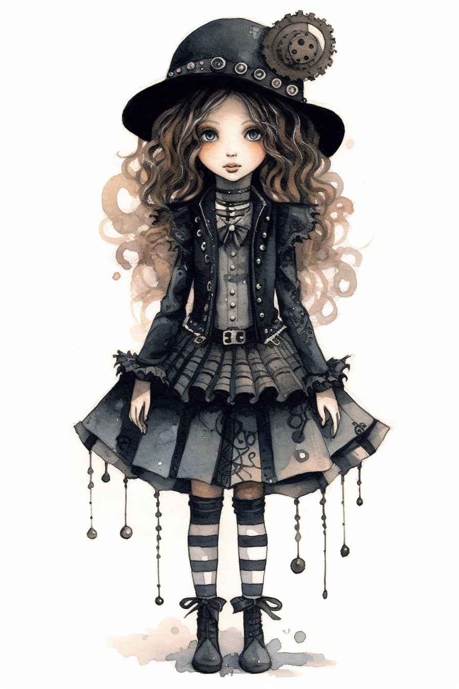 watercolor mixed media goth steampunk girl entire body in goth ...