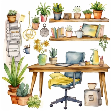 Generate a set of watercolor desk scenes clipart with a cute rustic floral theme for use in planners and workspaces. The clipart should be in PNG format and available for instant download. The scenes should depict cozy and inviting workspaces with elements such as a desk, chair, plants, and other decorative items. The watercolor style should be vibrant and artistic. The clipart should be suitable for commercial use. Please provide multiple variations and angles of the scenes for a diverse select