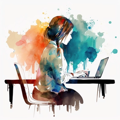 modern virtual assistant, female sitting at desk typing on laptop, watercolor painting, clipart
