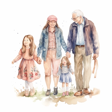 grandfather and grandmother holding the hands of 2 little girls, one 16 years old and the other 1 year old, the litlle girls are between them, watercolor, clipart, white background