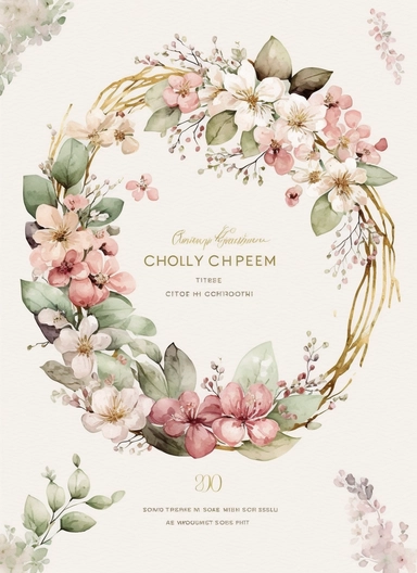 cherry blossoms watercolor wreath clipart, VINTAGE VICTORIAN STYLE, fairy style, muted color, accent gold color, watercolor touch, A cherry blossoms floral card with wildflowers, elegant, light, airy, fresh, classy, modern, minimalist design, no borders, the overall aesthetic exudes luxury and delight, no text or writing, includes blank space for text and writing, WHITE background, watercolor splashes, FOR CARD, hd, white background: