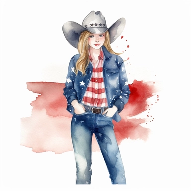 watercolour usa patriotic cowboy girl clipart, hd, on white background, spaced out ar 3:2 s 1000