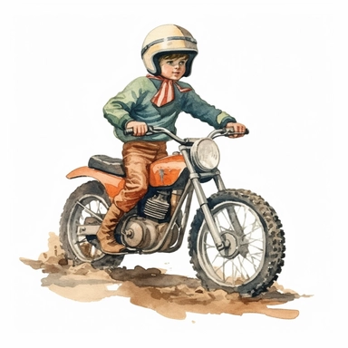 Vintage kids Dirt Bike with a kid riding it on dirt with helmet ,Watercolor,Clipart,Isolated, White background