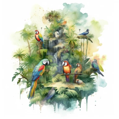 Create a clipart of a watercolor painting of a jungle scene with monkeys and parrots. No Background