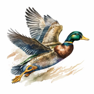 a mallard duck flying clipart with watercolor illustration