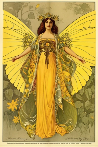 Vintage 1920 Symmetrical Fully Clothed Female Fairy with Large yellow Wings on its back Illustration, Chromolithograph, 1920s Illustration, Vintage, Antique, Ephemera, Clipart, 8k, on a vintage magazine cover