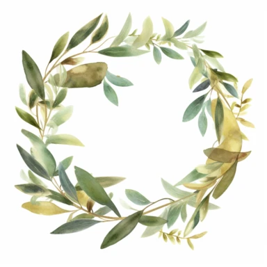 one minimalistic wreath of olive tree leaves with a gold ring attached, clipart, watercolors, no shadows, high res