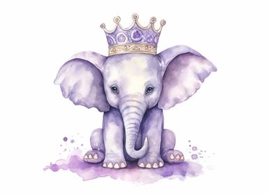 watercolor cute little baby elephant wearing a crown and holding a scepter, in the style of light silver and light purple, victorian-inspired illustrations, nature-inspired pieces, 5 sets of clipart of different playful compositions, plush doll art, high resolution, isolated on a white background