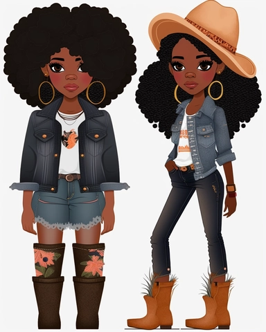 Denim girl clipart, cowboy hat, wearing black knee high boots, Denim clipart, Fashion girl clipart, Jeans Girl Clipart, African American clipart, Afro girls clipart--seed 2829693263,
