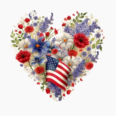 realistic illustration, heart clipart with floral decoration, with colors of the united states flag, july 24th, high definition embedded details, white background,
