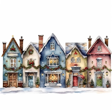 Christmas village, cute and small houses in a row, Clip art, magical, enchanting, wreaths, snow-covered streets, Watercolor, colorful buildings, sparkling, charming, detailed, glittery, shiny, twinkling lights, festive, ornate, traditional, whimsical, Mic