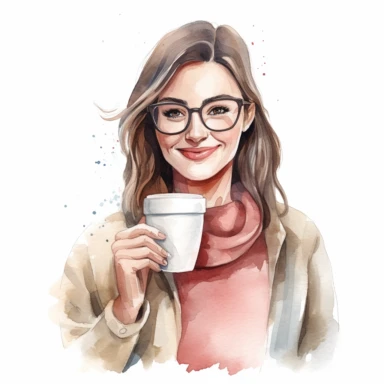 a beautiful woman with glasses and a nerdy look holding a cup of coffee, watercolor pastel clipart style on a white background, 8k detailed