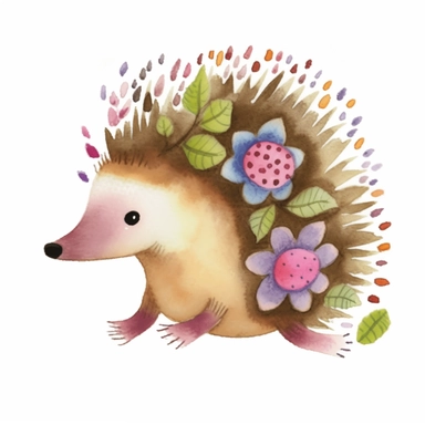 1 beautiful brown whimsical hedgehog, hedgepig, Erinaceus, with flowers on his back, realistic, doodled by a child, simplified, folk art, cartoony, watercolor texture, soft brush strokes, clipart on white background, high resolution, free margins