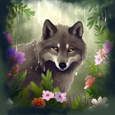 clipart - cute wolf in magical forest hiding from rain under brackens, gloom flowers, painting