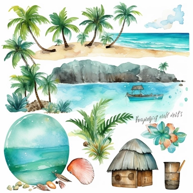 Tropical island beach clipart set isolated on white, watercolor, turquoise, - - no photograph