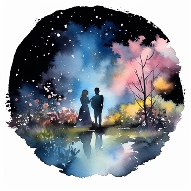 Watercolor, A couple by the river in bloom, night,clipart on black background