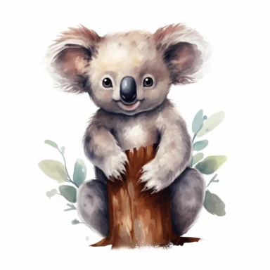 cute Koala Clipart sitting and smiling in the style of oil painting, on a white background