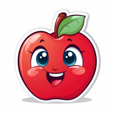 digital sticker, cute red apple mascot character, strong use of color, cartoon clipart, vector, white background