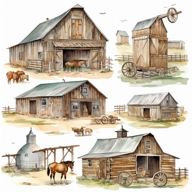 watercolor clipart ranch and barn, cowboy working, hay, gun. all separate elements. also generate private land entry doors from western texas. all high resolution and on white background