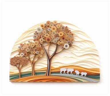 africa accacia trees landscape, art of quilling clipart, gold and glory pastel mute soft colors, illustration, white solid background,