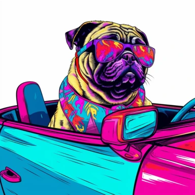 a pug being a diva sitting in a convertible car, colorful, clipart style, line art