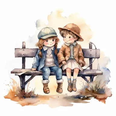 adorable little vintage boy and girl walking sitting on a bench, watercolor clipart, high quality clipart, no background , high details