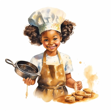 vintage adorable little black girl dressed as chief making cookies, clipart style, watercolor technique, super high quality, professional watercolor clipart, high resolution