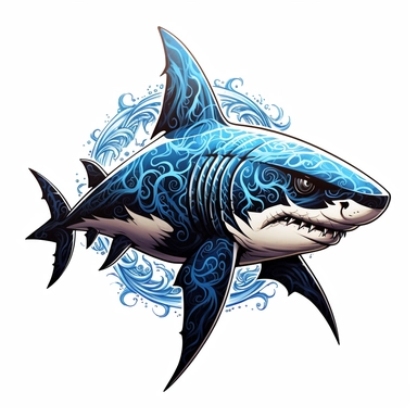 a glowing tribal Great white shark with blue lights on his eyes, tribal animals, in the style of bold black outlines, manhwa character design, master of shadows, burned/charred, himalayan art, dark black and light azure, 2d game art, quadratura, clipart, on white blackground