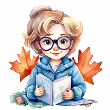 a happy little cute boy in a five-year-old, white short, blue jacket, book, glasses, maple leaf, style by Lusy Fleming, folk art, watercolor, clipart elements, smooth gradients, black contour outline, ultra detailed, white background, super clear, high quality
