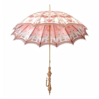 pastel pink and gold princess ornate parasol upright side view photo realistic clipart with white background straight handle