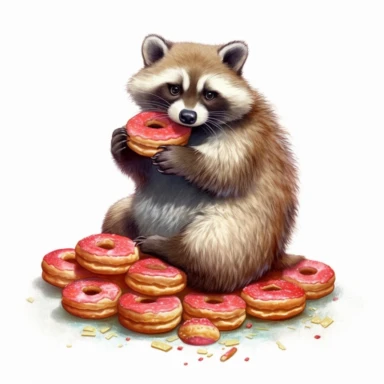 clipart trash panda eating a stack of cute doughnuts , in the style of hyper-realistic animal illustrations, white and red, prairiecore, colorful arrangements, historical illustrations, energy-filled illustrations,white background v 5.1