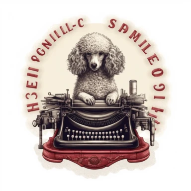 simple clipart of poodle typing on an old typewriter, make the image so it is oval, like an icon type image, with the words nearby snipoodle in big letters