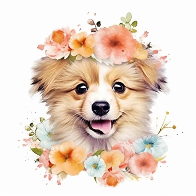 watercolor style, cute baby dog, smile, wear flower crown, white background, pixar style details Sublimation Clipart,hyper realistic, intricate detail, illustration style, isolated on white background for removing background