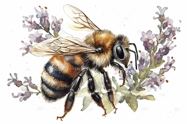 Aquarelle Bumble Bee Clipart on thyme flower, detailed painting, white background, single design, isolated white background, 8k, spaced out