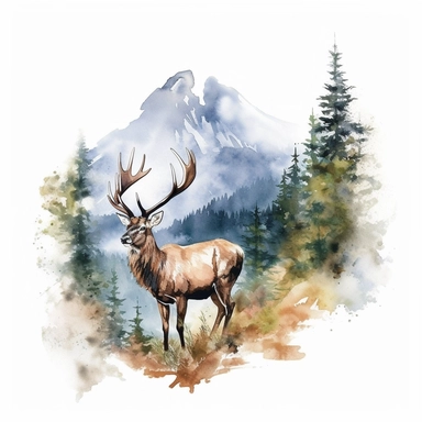 watercolor style, buck deer with the mountain forest in the back clipart, isolated on white background, hd