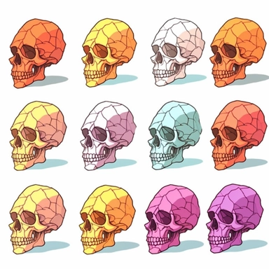set of Skull expressions seen from the side clipart white background,2d flat vector illustration, side view, cartoon style, has a shadow, black outline, low polygon, there are random pastel colors on each skull